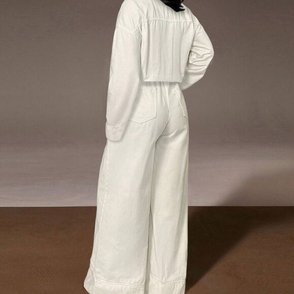 White Casual Womens Wide Leg Denim Jumpsuit - Picture 3 of 5